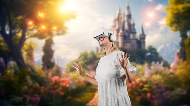Uma rapariga esperta excitada com o metaverso usando óculos VR na engenhoca do palácio.