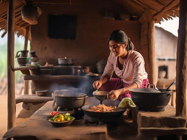 Foto uma rapariga está a cozinhar numa pequena cabana.