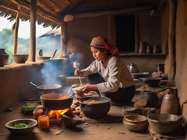 Foto uma rapariga está a cozinhar numa pequena cabana.