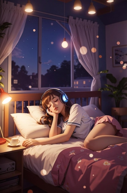 Uma rapariga está a dormir na cama com fones de ouvido e uma chávena de café.