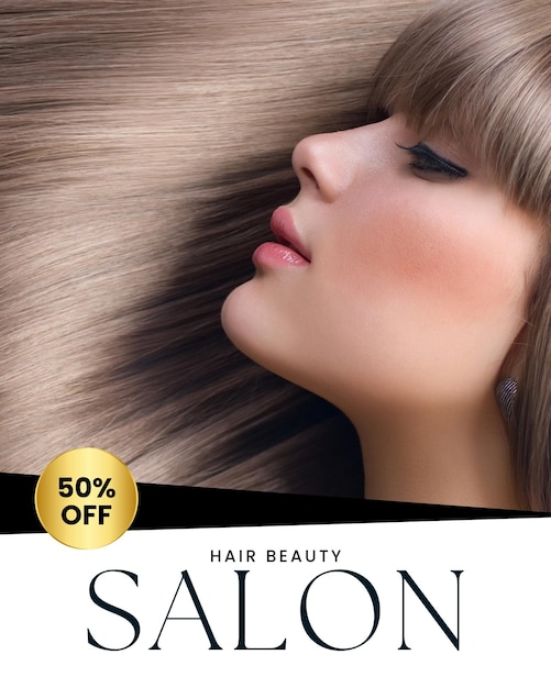 Uma rapariga está a fazer anúncio de cabelo num salão de beleza.