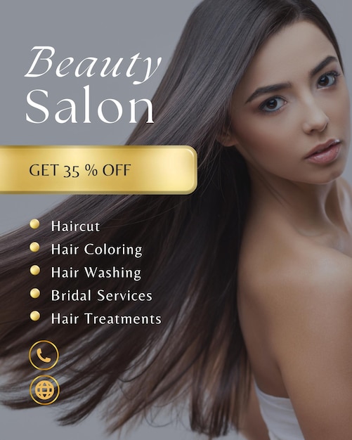 Uma rapariga está a fazer anúncio de cabelo num salão de beleza.
