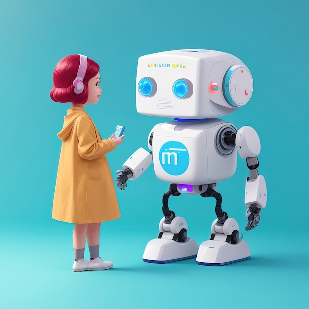 Uma rapariga está a olhar para um robô com a palavra "m" nele.