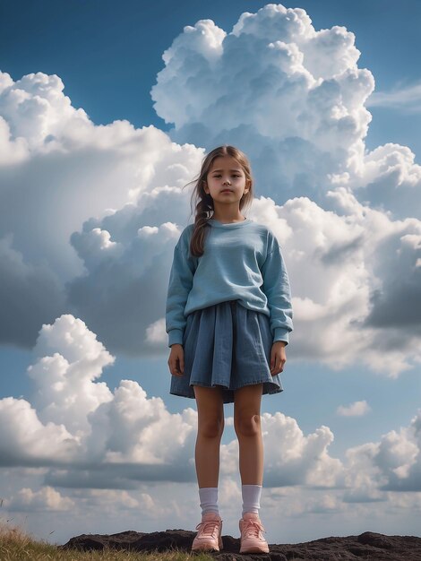 Uma rapariga está de pé com nuvens à sua volta