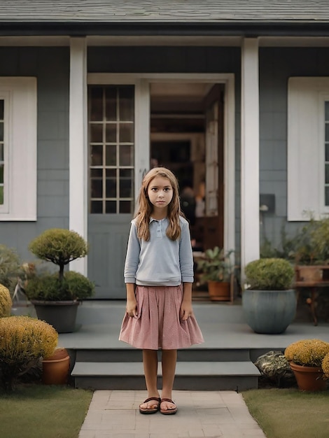 Uma rapariga está de pé em frente à casa.