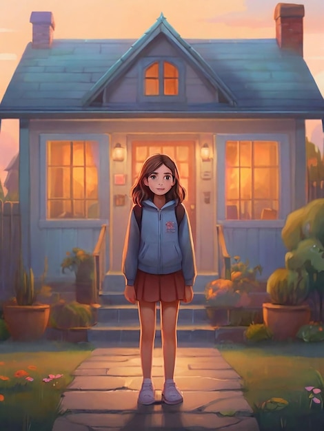 Uma rapariga está de pé em frente à casa.