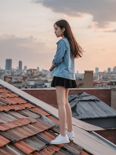 Uma rapariga está de pé no telhado.