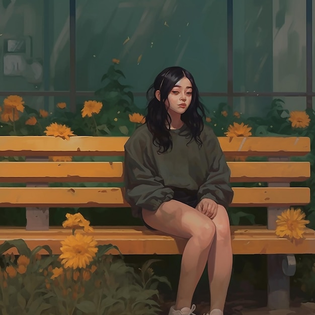 Uma rapariga está sentada num banco com flores no cabelo.