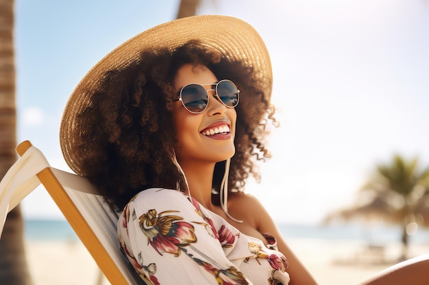 Foto uma rapariga feliz com óculos está a relaxar na praia.