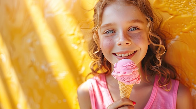 Uma rapariga feliz está a comer um cone de gelado conceito de verão