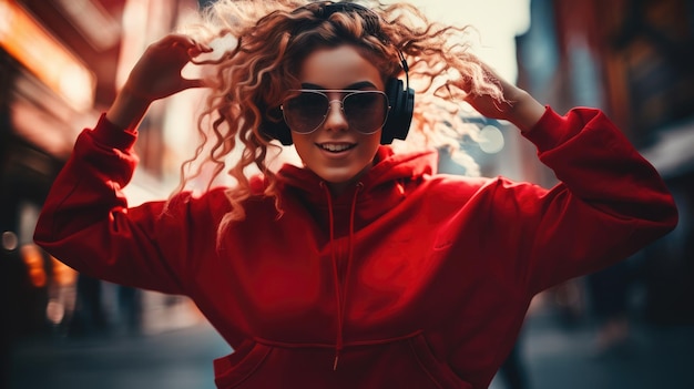 Foto uma rapariga fixe a ouvir música com fones de ouvido e a dançar na rua.