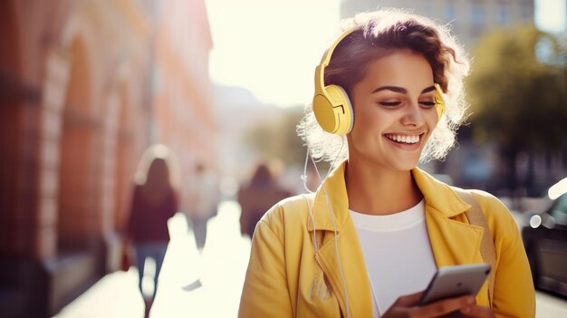 Foto uma rapariga fixe a ouvir música com fones de ouvido e a dançar na rua.