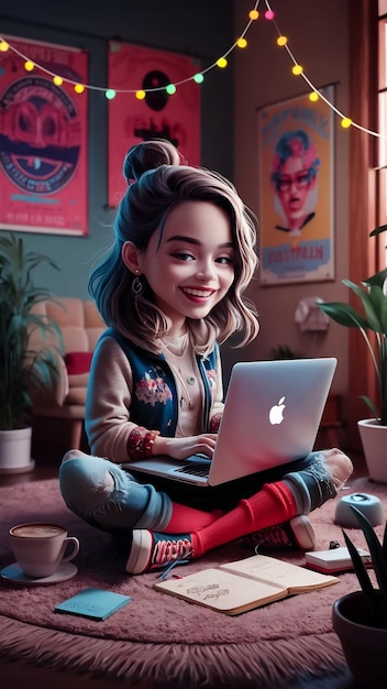 Uma rapariga freelance bonita a usar um portátil sentada no chão e a sorrir.