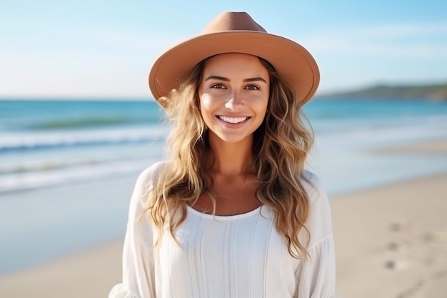 Uma rapariga latina sorridente de pé na praia com espaço para cópias e olhando para a câmara com um chapéu.