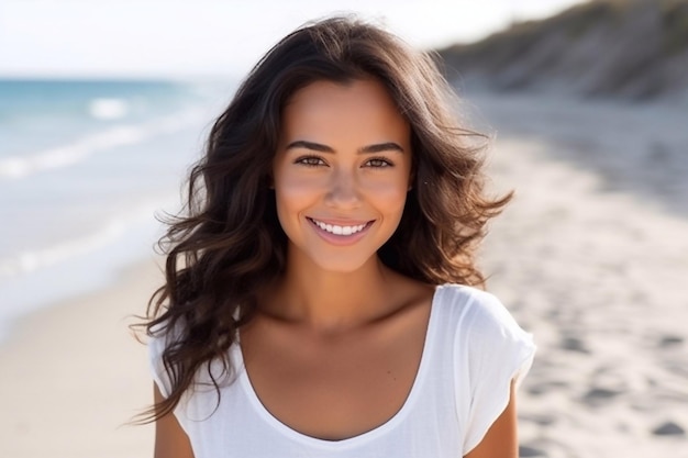 Uma rapariga latina sorridente de pé na praia com um espaço de cópia e a olhar para a câmara.