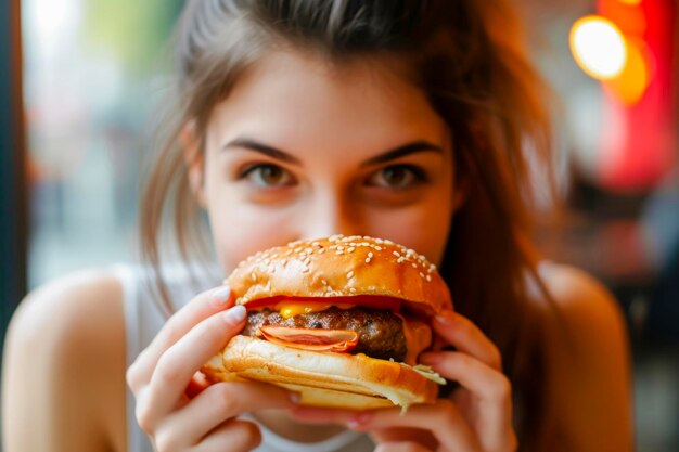 Foto uma rapariga linda a comer um hambúrguer.