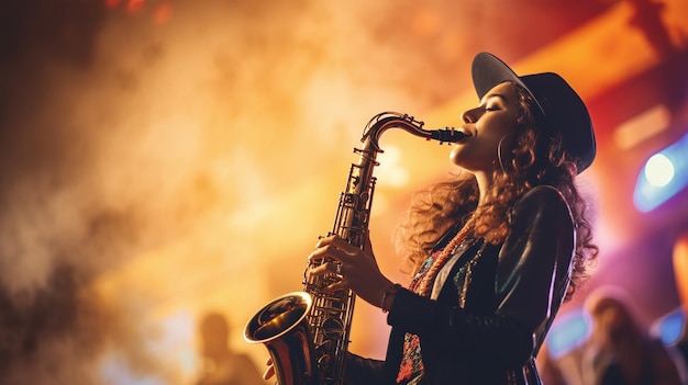 Uma rapariga linda com um saxofone.