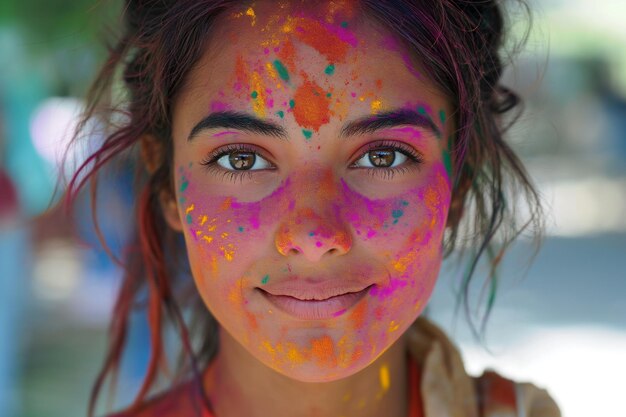 Foto uma rapariga loira divertida a desfrutar do festival holi a ter prazer nas férias.