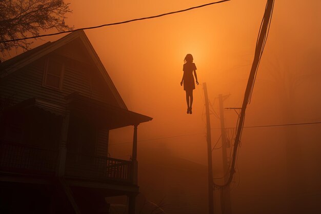 Uma rapariga no céu com o sol atrás dela.