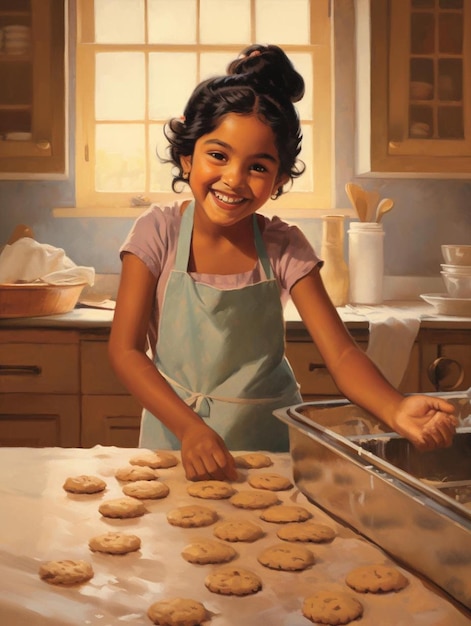 Uma rapariga numa cozinha com biscoitos no balcão.