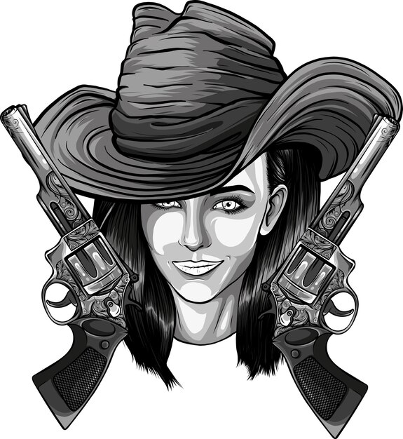 Foto uma rapariga ocidental com um revólver e um rifle.