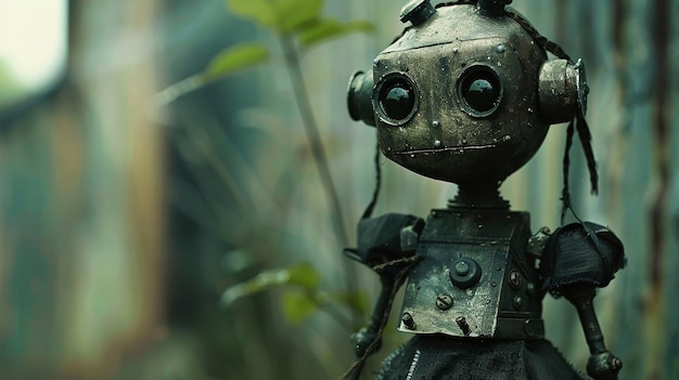 Uma rapariga robô steampunk com olhos grandes está de pé num depósito de sucata.