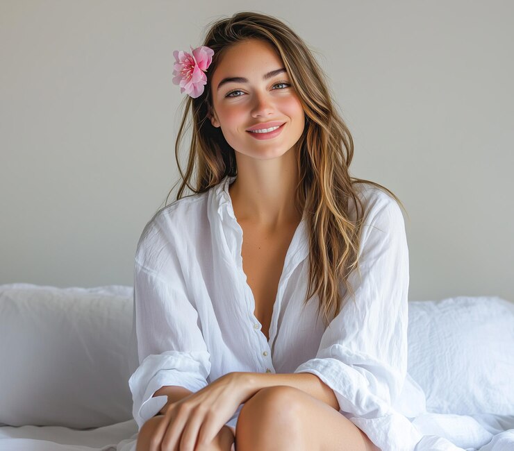 Foto uma rapariga romântica com um sorriso travesso numa blusa vintage sentada na cama e a tocando