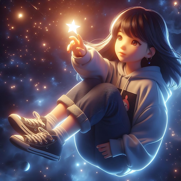 Uma rapariga sentada no céu com estrelas