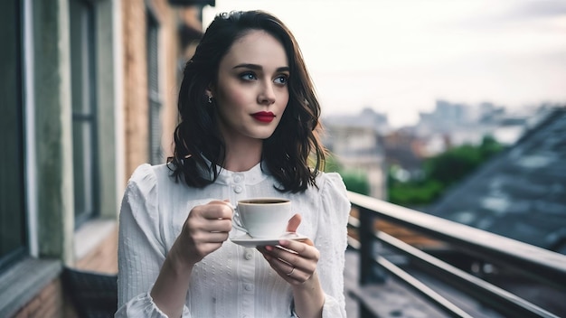 Uma rapariga sonhadora com os olhos escuros a beber chá na varanda.
