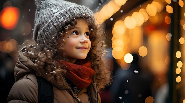 Foto uma rapariga sonhadora no meio das luzes da cidade, vestido de inverno, irradia calor.
