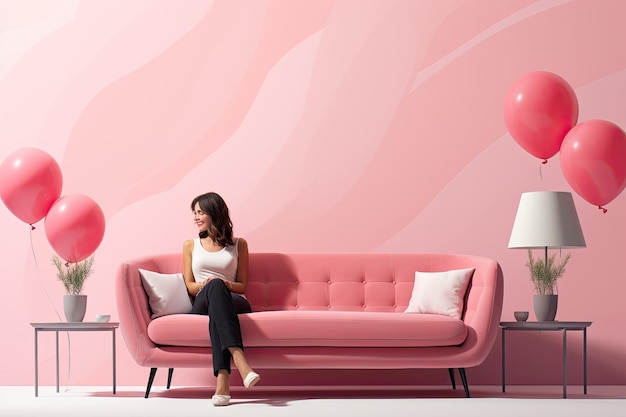 Uma rapariga sorridente num sofá rosa