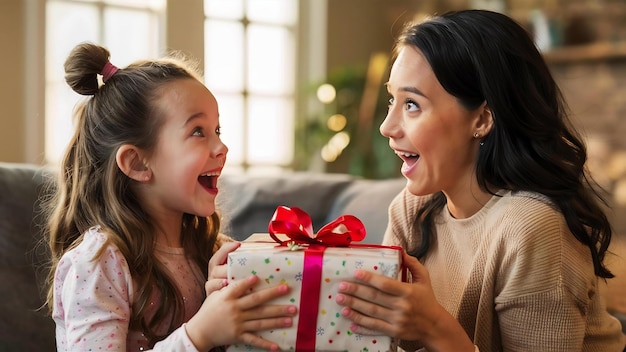 Uma rapariga surpreende a mãe com um presente.