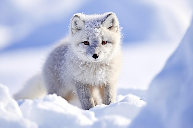 Uma raposa ártica branca fica na neve.