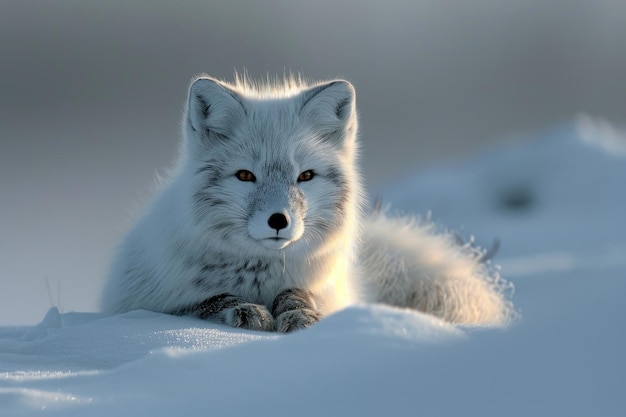 Uma raposa ártica habilmente camuflada no silêncio nevado de seus arredores