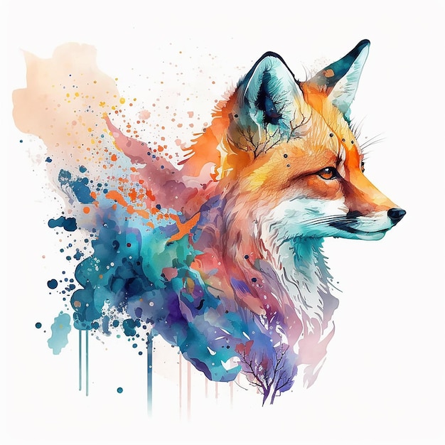Uma raposa colorida é pintada em um fundo branco.