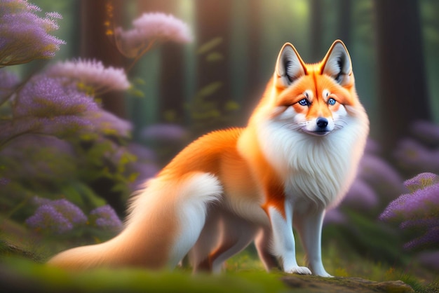 Uma raposa com cauda de raposa vermelha está parada em uma floresta.