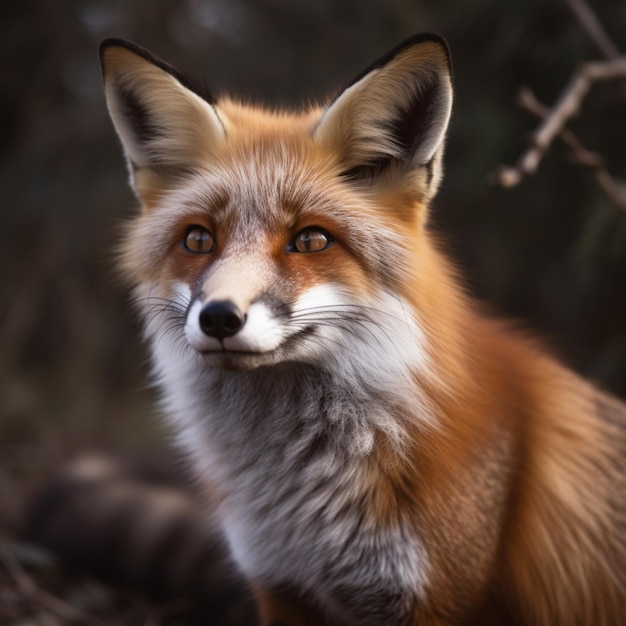 Uma raposa com nariz marrom e olhos laranja está olhando para a câmera.