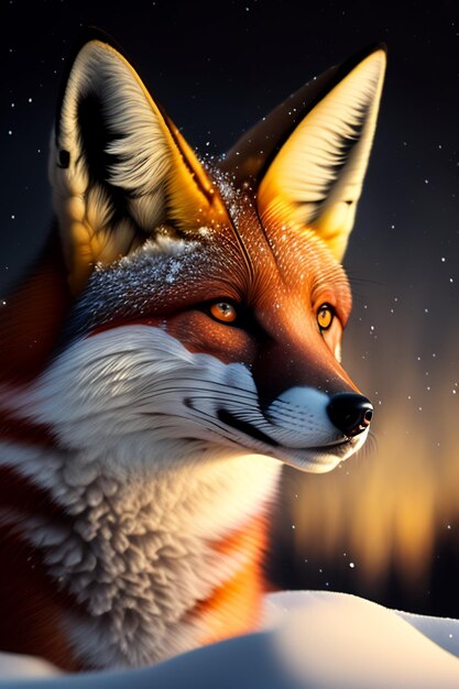 Uma raposa com um floco de neve nas orelhas