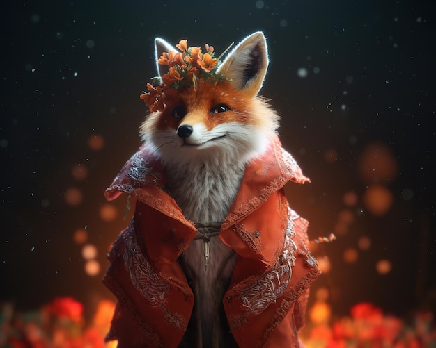 Uma raposa com uma coroa de flores na cabeça