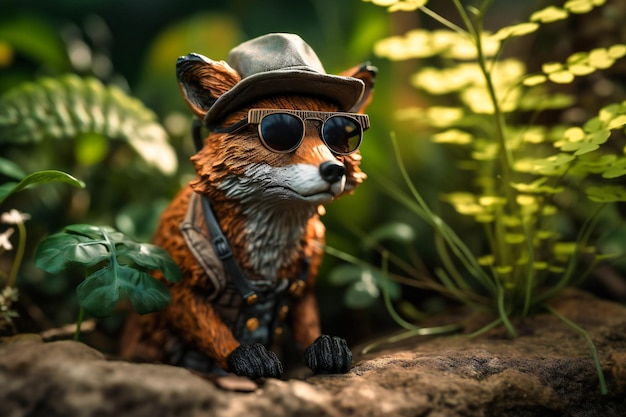 Uma raposa curiosa usando um chapéu de safári e óculos de sol espiando por trás de um arbusto com uma pata levantada e uma expressão curiosa