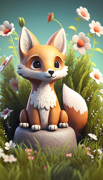 Uma raposa de desenho animado senta-se em uma pedra em um campo de flores.