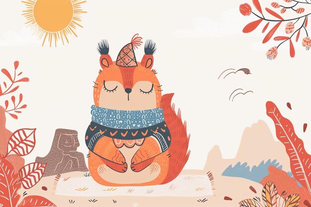 uma raposa de desenho animado sentada em um cobertor na floresta