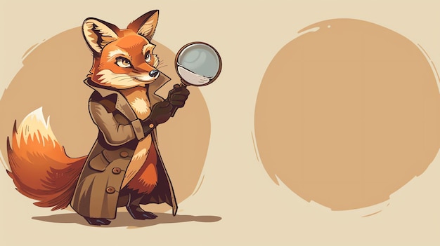 Foto uma raposa de desenho animado vestindo um trench coat e segurando uma lupa
