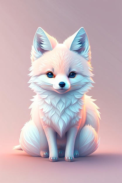 Uma raposa de olhos azuis senta-se sobre um fundo rosa.