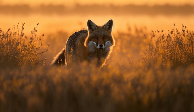 Uma raposa em um campo ao pôr do sol