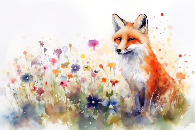 Uma raposa em um campo de flores aquarela pintura belas formas naturais nítidas formas limpas colorido fundo branco gerar ai