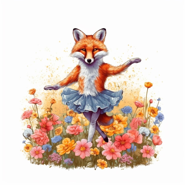 Uma raposa em um vestido azul dançando em um campo de flores.