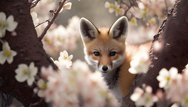 Uma raposa em uma árvore com flores