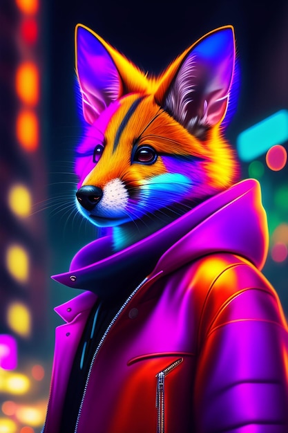 Uma raposa em uma jaqueta com um casaco colorido do arco-íris.