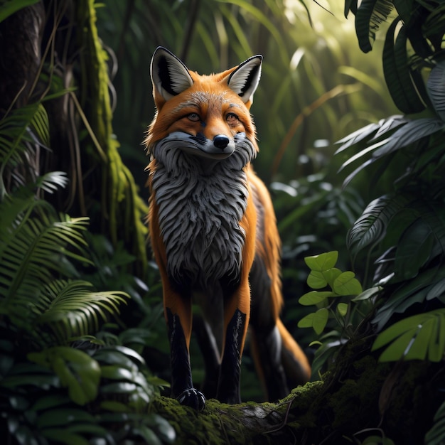 Uma raposa em uma selva com uma folha ao fundo